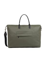 Borsa tote sintetica verde oliva con dettagli in pelle nera, chiusura con zip, manici superiori doppi e tasca frontale con zip.
