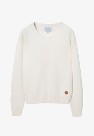 White knitted sweater featuring a raised teddy bear design on the front. Ribbed cuffs and hem; circular brown logo patch on the lower side.