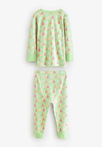 Completo pigiama con un motivo verde chiaro decorato con alberi di Natale rosa e dorati, maniche lunghe e pantaloni abbinati con caviglie a costine.