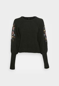 Pull noir tricoté avec broderies florales sur les manches, au col rond et aux manches bouffantes longues. Texture douce, design cropped.