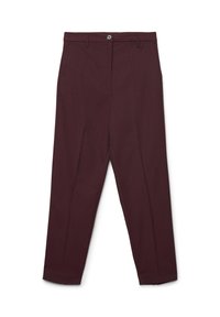 Pantalons bordeaux à rayures avec une coupe droite, dotés d'une fermeture à bouton et de passants de ceinture, réalisés en un tissu lisse.