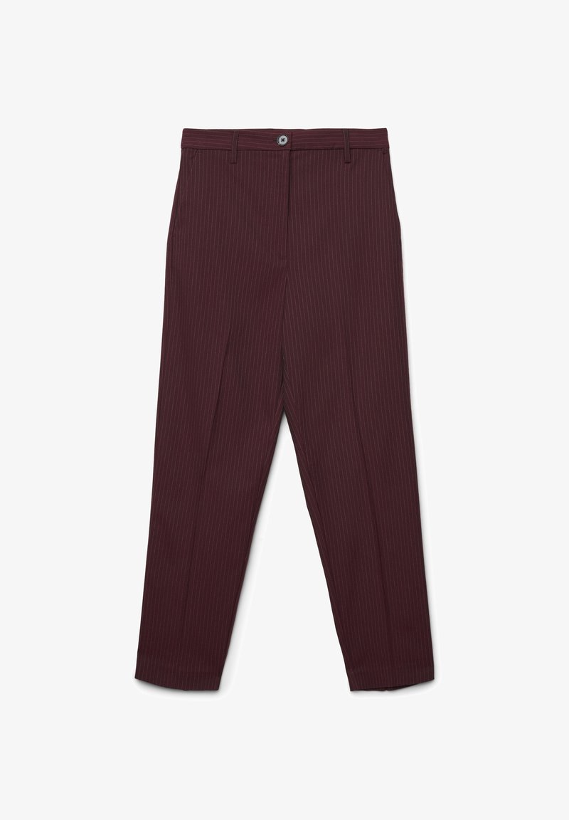 Pantaloni bordeaux a righe sottili con design a gamba dritta, dotati di chiusura con bottone e passanti per la cintura, realizzati in un tessuto morbido.