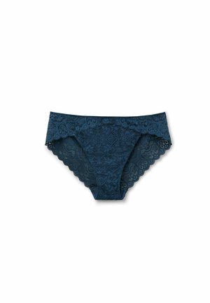 Bragas de bikini de encaje en azul oscuro con bordes festoneados y patrones florales, con una textura transparente y un corte clásico de altura media.