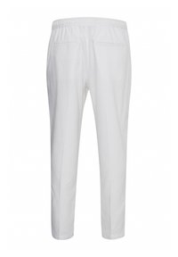 Hvite bukser laget av lettvevde stoffer, med elastisk midje og to baklommer. Slim straight-leg design med en glatt tekstur.