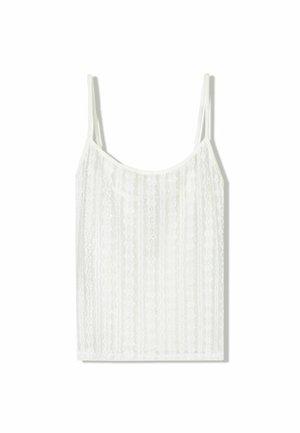 White lace cami top with thin straps, featuring a textured pattern and a relaxed silhouette. Lightweight fabric, ideal for layering.