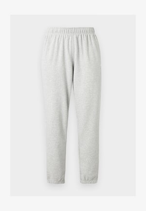 Helehallid täispikkused dressipüksid, millel on elastne vöökoht ja pahkluuotsad, eksponeeritud ühtlasel heledal taustal.