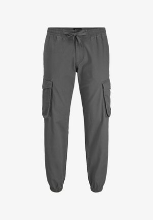 Gray cargo pants with an elastic waistband, adjustable drawstring, and tapered cuffs. Features two side cargo pockets and a smooth texture.