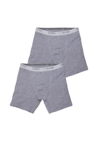 Boxer shorts di cotone grigio con elastico in vita grigio recante il logo "SLOGGI". Due paia esposti, uno parzialmente sovrapposto all'altro.