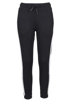 Pantalons de survêtement noirs en tissu doux et extensible, avec une taille à cordon de serrage, des rayures blanches sur les côtés et des poignets ajustés aux chevilles.