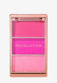 Blush-Palette mit drei Segmenten: Oben links ein leuchtendes Pink, oben rechts ein strukturiertes Pink und unten ein schimmerndes, helles Pink. Goldene Markenkennzeichnung sichtbar.
