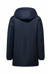 Cappotto imbottito blu navy con cappuccio, caratterizzato da una vestibilità dritta, maniche lunghe e polsini elastici. Texture liscia e design minimalista.