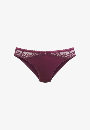 Burgundy thong with lace detailing at the waist, featuring a small decorative charm at the center and scalloped edges. Smooth fabric texture.