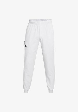 White athletic pants with an elastic waistband, tapered cuffs, and a side zipper pocket. Smooth texture, minimal design, and no visible patterns.