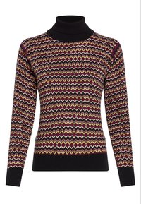 Pull à col roulé bordeaux avec un motif géométrique en crème et jaune. Poignets et ourlet côtelés avec une texture tricotée lisse.