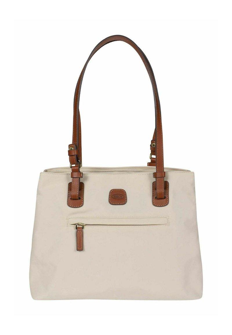 Borsa a spalla beige con manici e dettagli in cuoio marrone, dotata di una tasca frontale con zip e di una forma rettangolare. Tessuto liscio.
