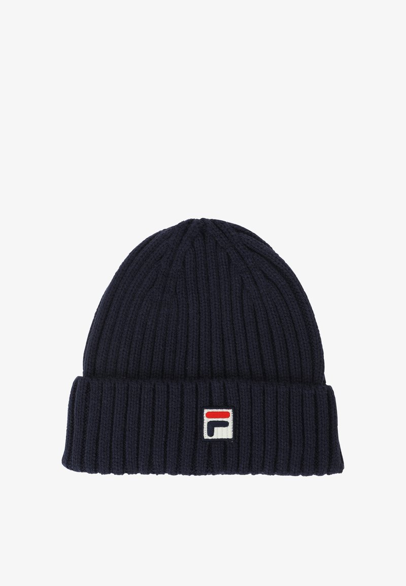 Berretto a costine blu navy realizzato in materiale a maglia con risvolto. Presenta un piccolo patch con logo bianco con dettagli rossi e blu.