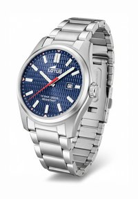 Edelstahl-Armbanduhr mit blau strukturiertem Zifferblatt, weißen Stundenmarkierungen und rotem Sekundenzeiger. Verfügt über eine Datumsanzeige und 10 Bar Wasserdichtigkeit.