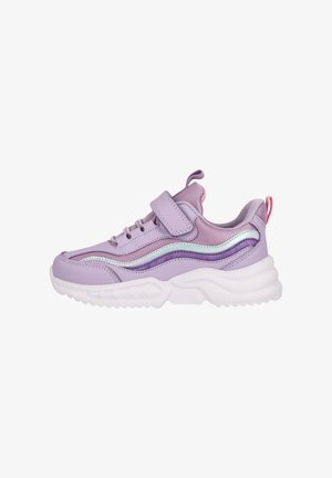 Purple sneaker with a textured leather upper, sleek design, white sole, and iridescent accents. Features adjustable strap and pull tab.