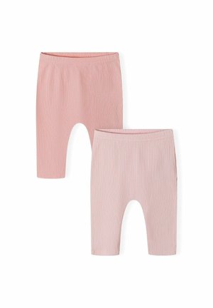 Zwei Paar gerippte Leggings in sanften Rosatönen. Jede hat einen elastischen Bund und eine cropped Länge, mit einer glatten Textur.