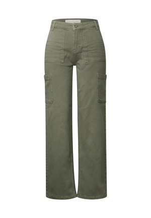 Pantalons cargo à jambes larges en mélange de coton vert olive, dotés de deux poches latérales et d'une fermeture frontale avec un bouton. Texture lisse, design décontracté.
