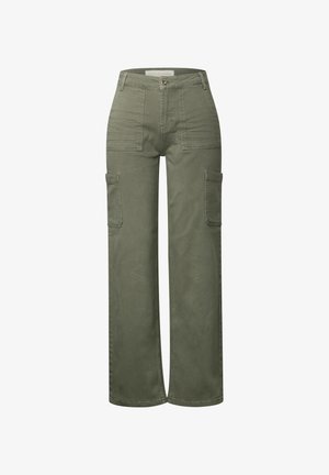 Pantalons cargo à jambes larges en mélange de coton vert olive, dotés de deux poches latérales et d'une fermeture frontale avec un bouton. Texture lisse, design décontracté.