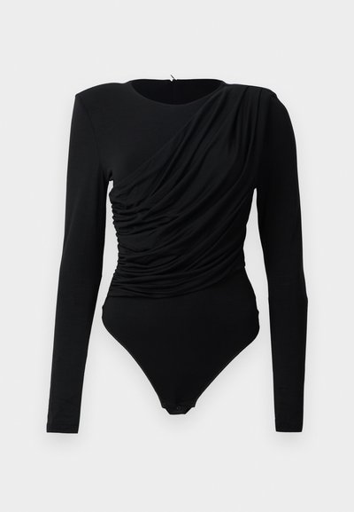 Musthave mustaga sleevesega mustaga bodi, millel on asümmeetrilised voldid ees ning snapsulged kubeme piirkonnas.