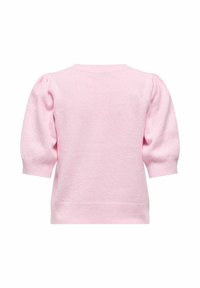 Pull en tricot rose pâle avec manches courtes bouffantes et poignets et ourlet côtelés, présenté de dos sur un fond blanc.