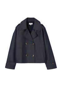 Veste courte gris foncé croisée avec de larges revers, poignets boutonnés, épaulettes sur les épaules et poches avant droites.