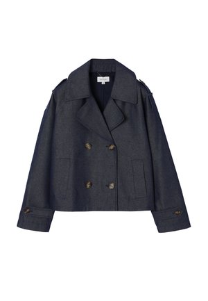 Dunkelgraue, taillierte zweireihige Jacke mit breiten Revers, geknöpften Manschetten, Schulterklappen und geraden Fronttaschen.