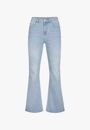 Lichtblauwe flared jeans gemaakt van denim, met een hoge taille, een sluiting met een knoop aan de voorkant en de traditionele vijf-pocket stijl. Glad oppervlak.