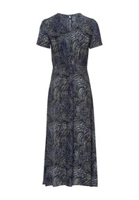 Robe midi bleu marine à manches courtes, taille cintrée et motif abstrait en bleu clair et jaune.