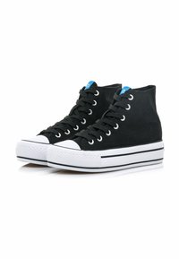 Zapatillas altas negras de lona, con puntas de goma blanca, suelas a rayas en blanco y negro, y un acento azul en la lengüeta.