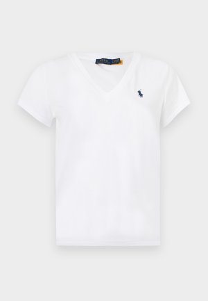 White V-neck short-sleeve T-shirt with small navy blue Polo Ralph Lauren logo on the left chest.
