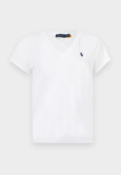 Άσπρο κοντομάνικο T-shirt με λαιμόκοψη σε σχήμα V και μικρό ναυτικό μπλε λογότυπο Polo Ralph Lauren στο αριστερό στήθος.