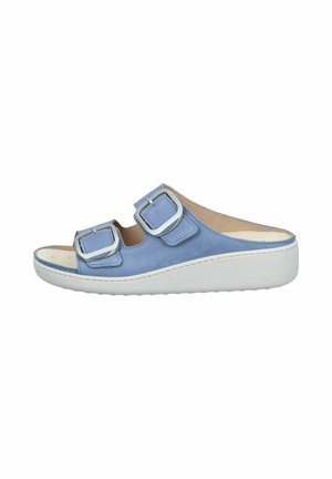 Blue open-toe slide sandal with two adjustable silver buckles and a thick white sole.