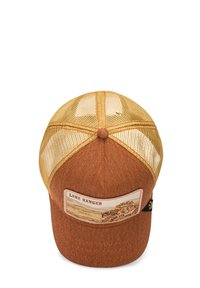 Casquette de camionneur en tissu marron et en maille avec un patch avant portant "LONE RANGER" et un design représentant un paysage avec un animal sauvage.