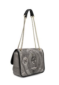 Borsa a spalla grigia e nera con motivo, dotata di catene dorate e manici in pelle nera, caratterizzata da design circolari e astratti sulla parte anteriore.