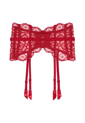 Ce porte-jarretelles en dentelle rouge présente des motifs floraux, une texture transparente et des sangles en satin. Il est orné d'un détail en anneau en métal doré.