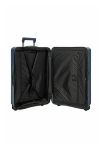 Hartschalenkoffer in Marineblau, ausgestattet mit einem unterteilten Innenraum, Quergurten und einer mit einem Reißverschluss versehenen Tasche auf einer Seite, die mit einem hexagonalen Muster ausgekleidet ist.