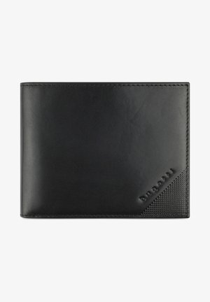 Black leather wallet with a smooth finish, featuring a textured corner and embossed brand logo. Compact rectangular shape.