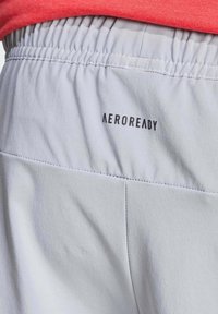 Los pantalones cortos deportivos en gris claro cuentan con una cintura elástica y un bolsillo trasero. Logo "AEROREADY" impreso en negro. Textura de tela suave y lisa.