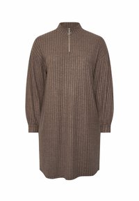 Brun ribbade klänning med långa ärmar och hög krage, med en halvmidsdragkedja fram och avspänd passform.