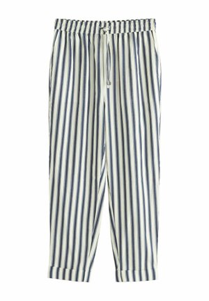 Valkoiset housut, joissa on tummansiniset pystyraidat, joustava vyötärönauha kiristysnauhalla, sivutaskut ja käännetyt lahkeet.