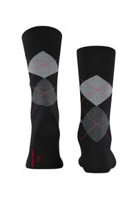 Calze nere fino al ginocchio con un motivo argyle grigio, accenti rossi, parte superiore a coste e texture liscia. Progettate per comfort e stile.