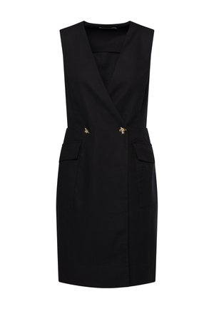 Abito nero senza maniche con design avvolgente, due tasche frontali e accenti in hardware color oro. Tessuto liscio e vestibilità sartoriale.