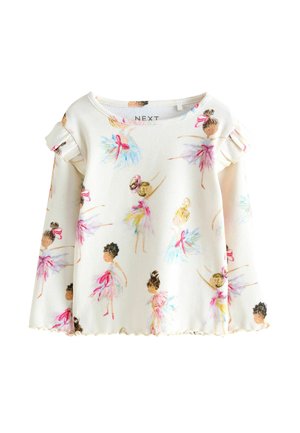 T-shirt à manches longues en tissu côtelé, blanc avec des imprimés colorés de danseuses de ballet, accentué par des manches volantées et un ourlet en forme de vagues.