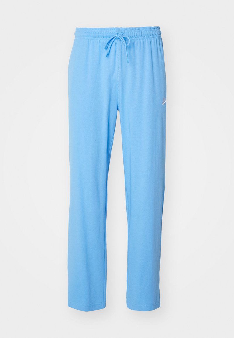 Pantalones de chándal azul claro, confeccionados con una tela suave, que cuentan con una cinturilla elástica con cordón y un pequeño logotipo cerca de la cadera.