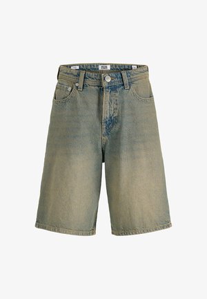 Shorts en denim bleu clair jusqu'aux genoux avec bouton à l'avant, fermeture éclair, passants pour ceinture et deux poches avant.