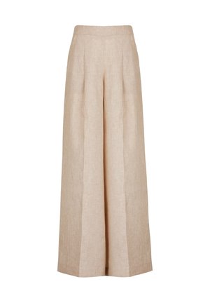 Beige vida byxor i linne med veck och hög midja. Texturen är något grov, med en naturlig, andningsbar finish.