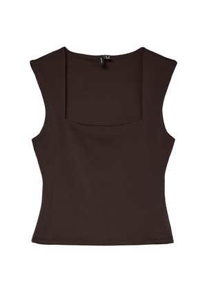 Bruine mouwloze top met een vierkante halslijn, een gladde textuur en een aansluitend ontwerp. Geen zichtbare hardware of patronen.